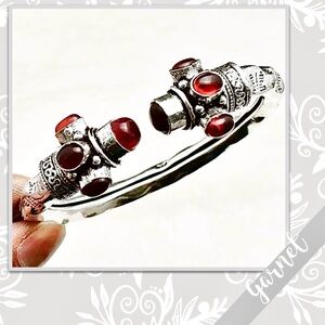 Garnet Chunky Eclectic Silver Artisan Cuff Bangle Bracelet Adjustable (Deep Red)
